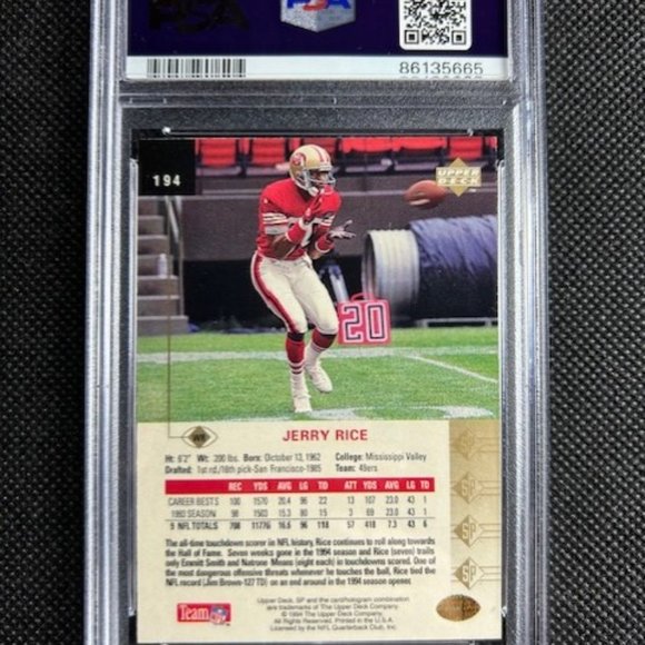 1994 SP #194 JERRY RICE PSA 9 MINT HOF SAN FRANCISCO 49ERS GOAT - Picture 2 of 2